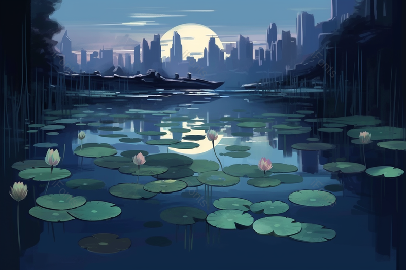 夜晚夏天月色下的池塘荷叶荷花插画背景,插画/手绘图,插画/手绘图库,插画/手绘图下载,插画/手绘